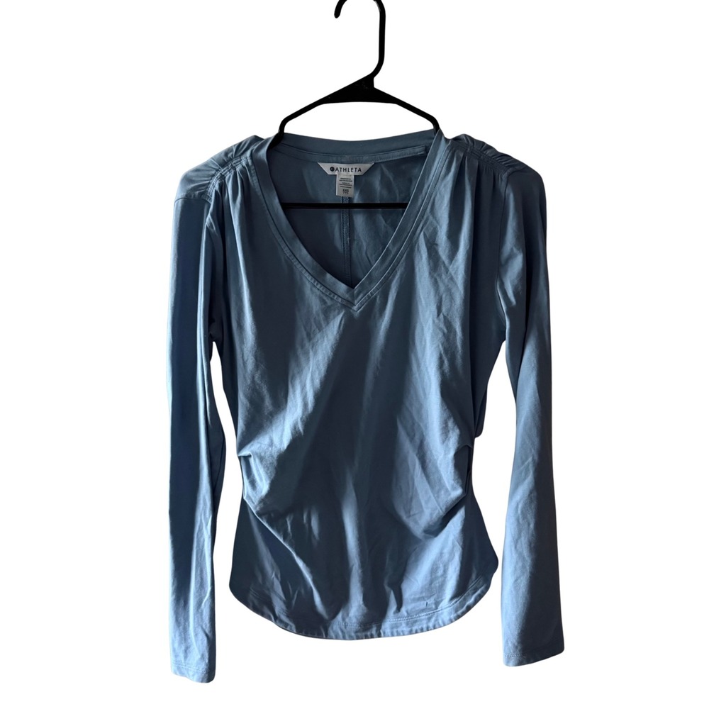Athleta Women XXS Light Blue V-Neck Ruched Long Sleeve Top Yoga Activewear